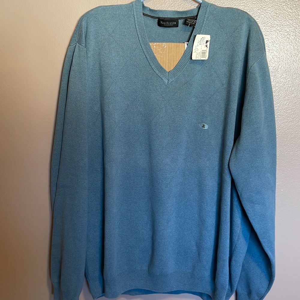 VAN HEUSEN V Neck Blue Relaxed Fit Cotton Sweater Size X-Large